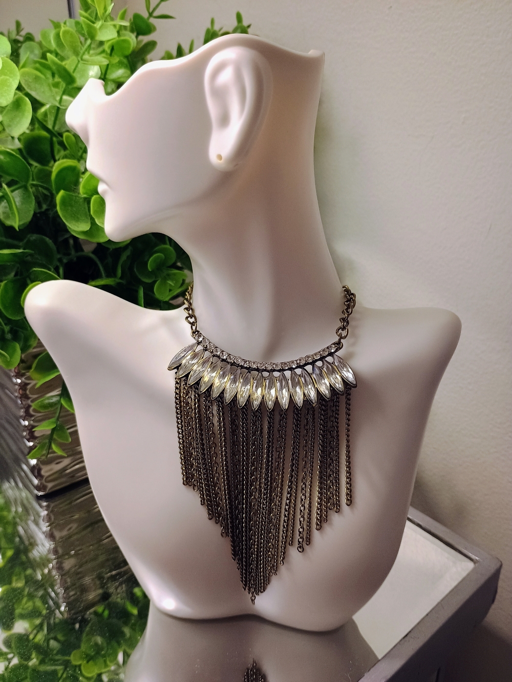 Gunmetal & Rhinestone Fringe Bib Statement Necklace